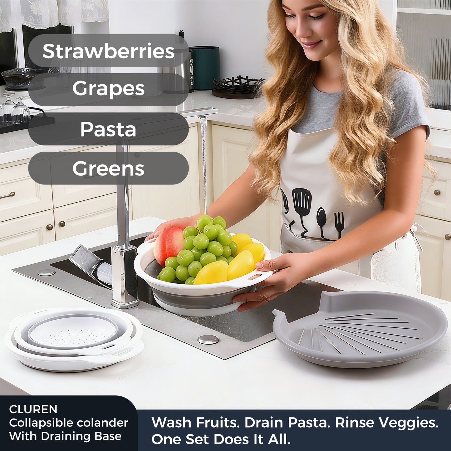 Collapsible Collanders with Draing Tray (Gray-White)