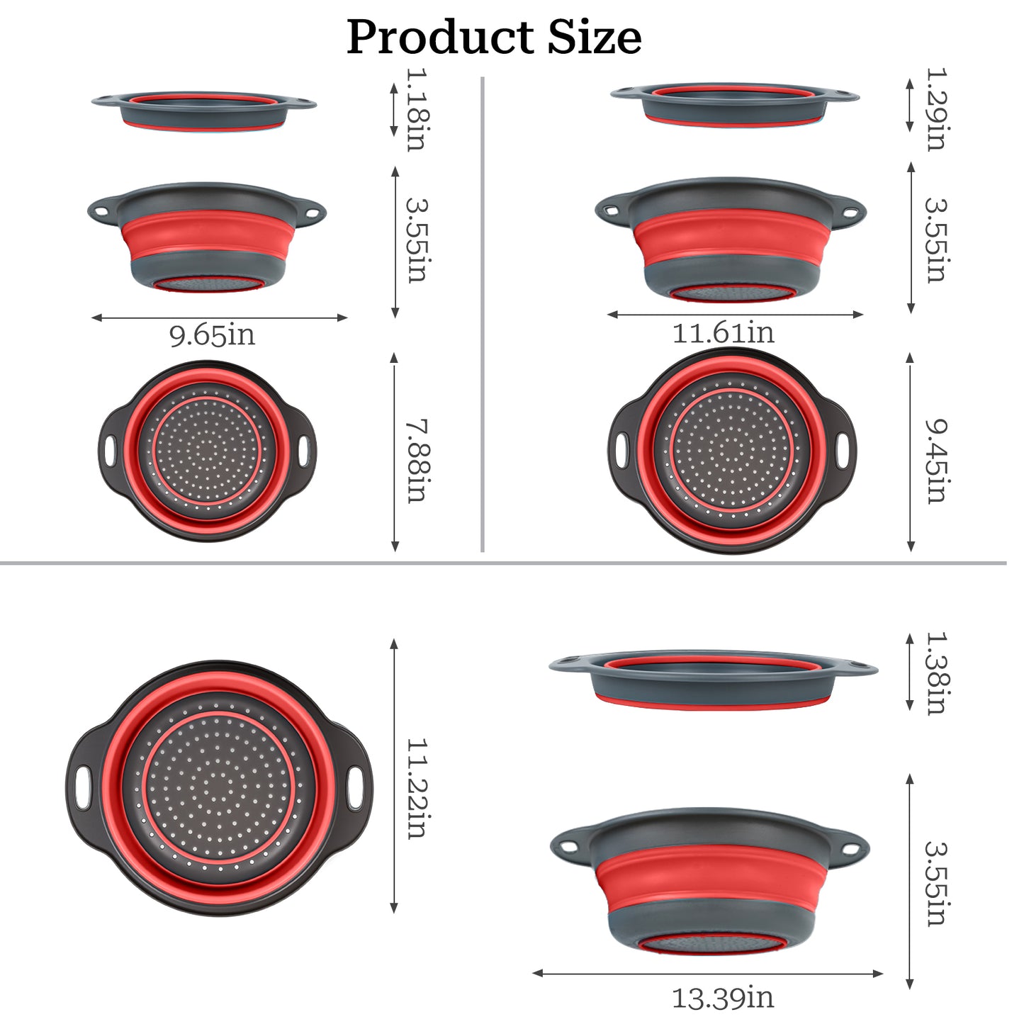 Collapsible Colander Set of 3 (Gray-Red)