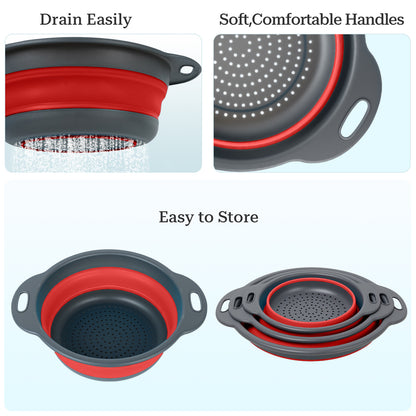 Collapsible Colander Set of 3 (Gray-Red)