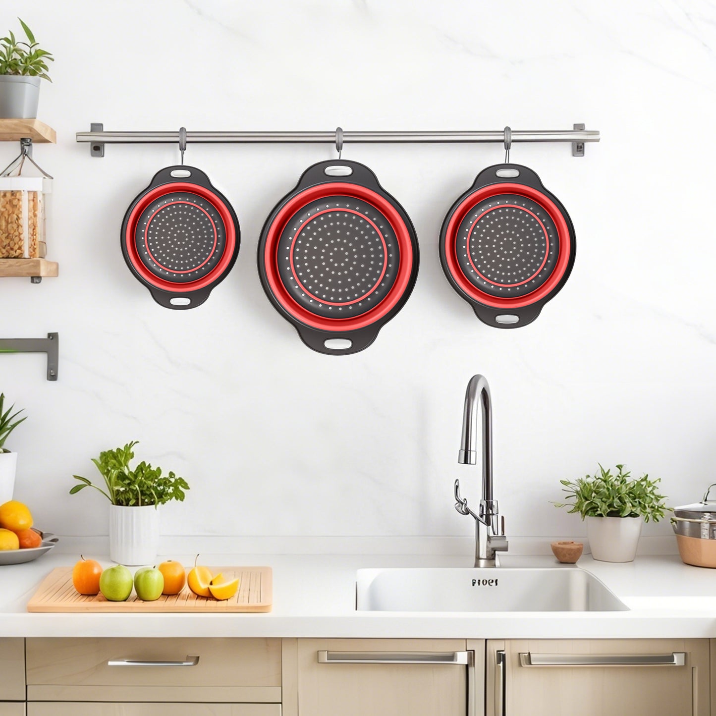 Collapsible Colander Set of 3 (Gray-Red)
