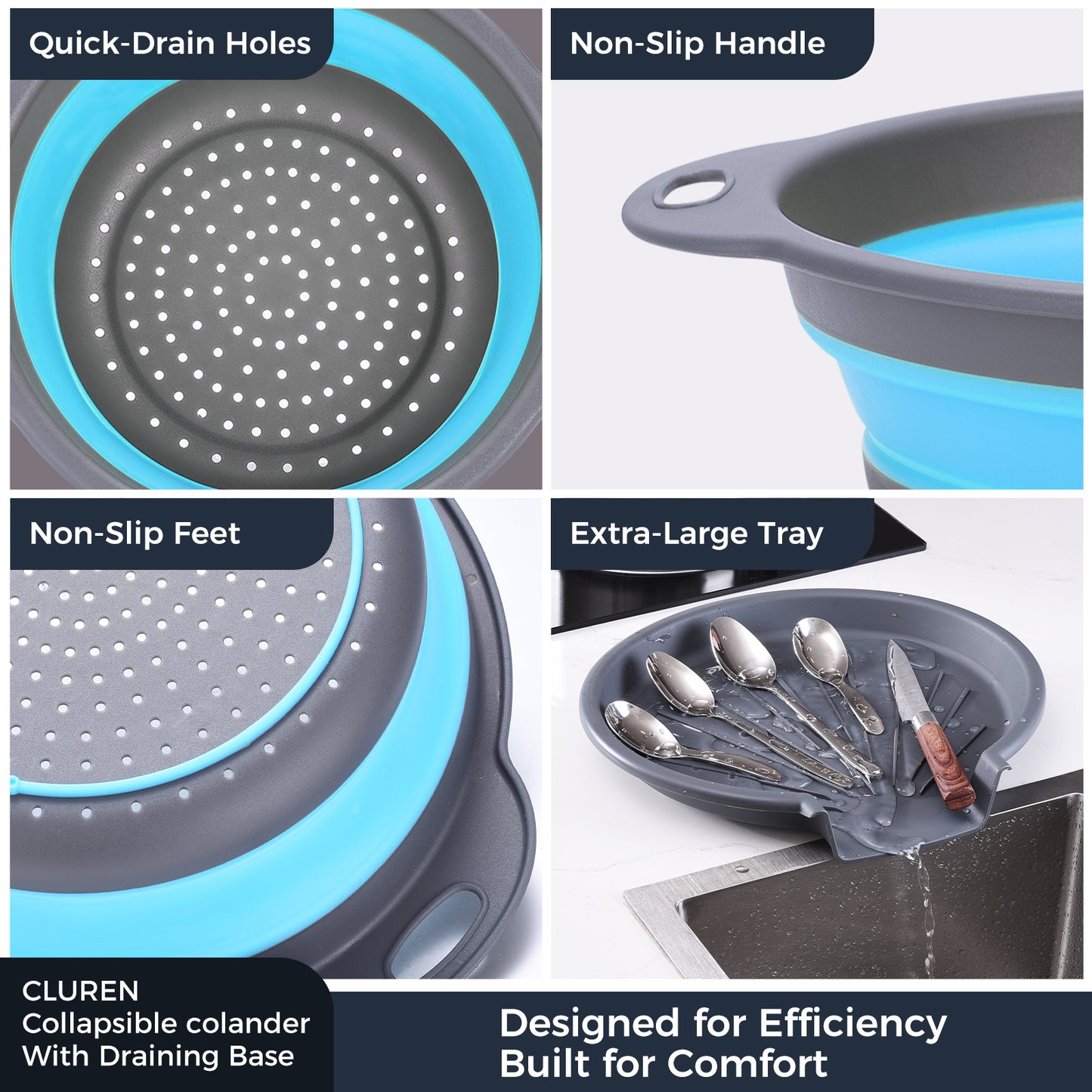 Collapsible Collanders with Draing Tray (Gray-Blue)