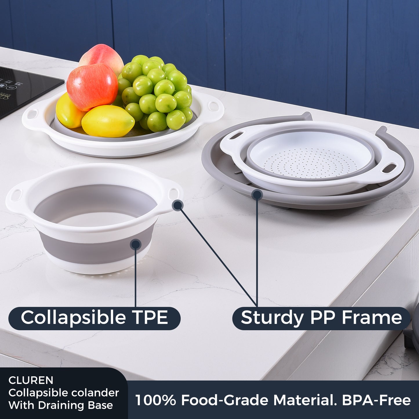 Collapsible Collanders with Draing Tray (Gray-White)