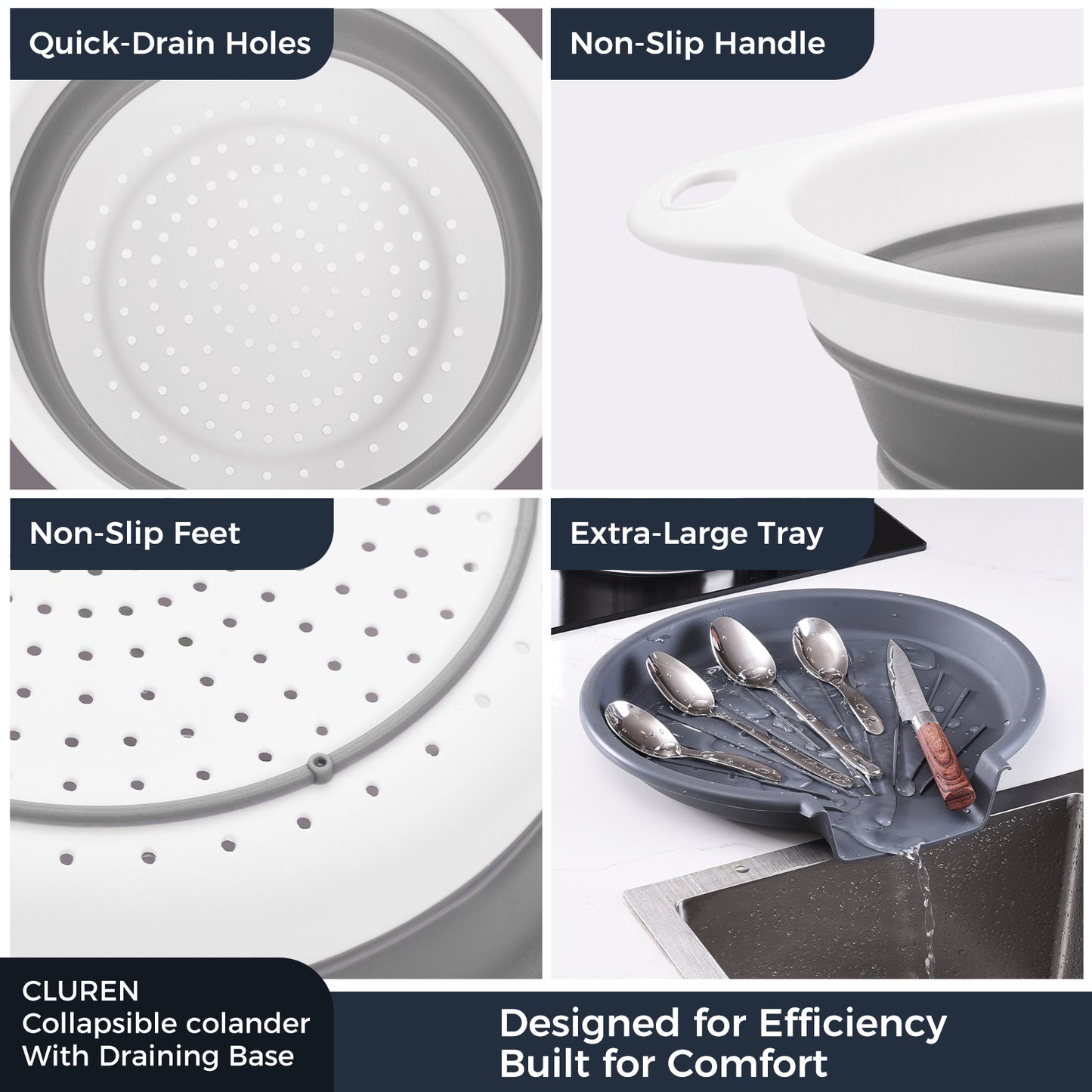 Collapsible Collanders with Draing Tray (Gray-White)