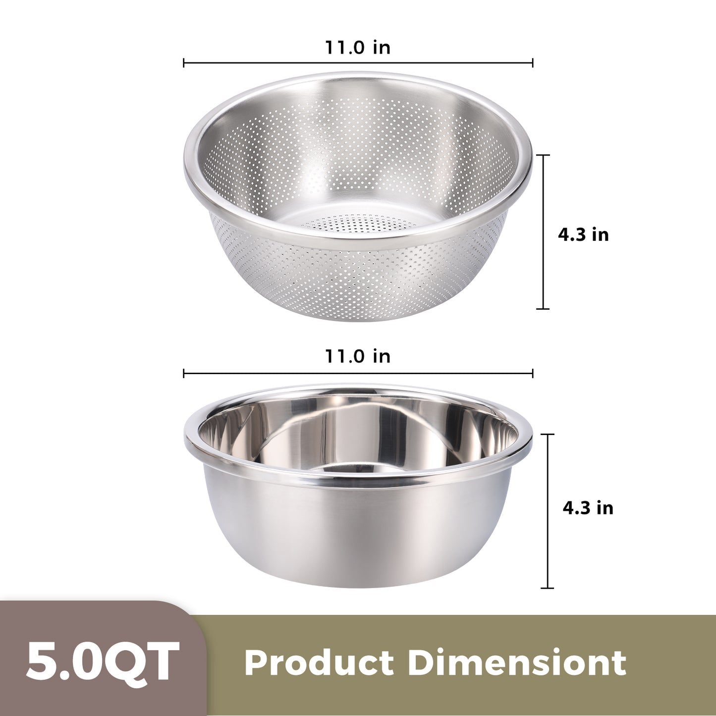 304 Stainless Steel Colander and Bowl Set (5.0QT)